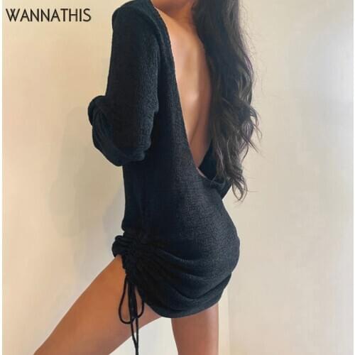 WannaThis Back Hollow Out Long Sleeve Mini Dresses Side Drawstring Ruched Backless Slim Sexy Bodycon Autumn Solid Woman Dresses