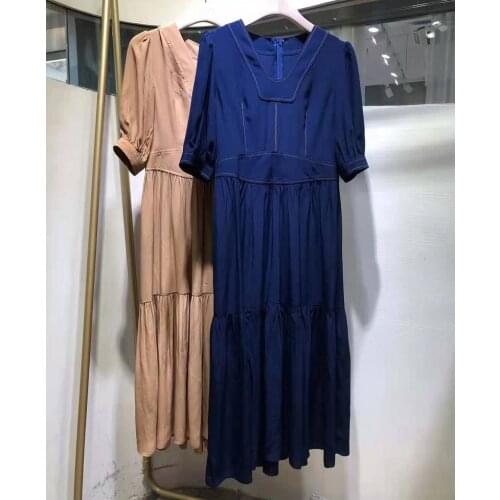 Top Quality New Womens Dress 2021 Summer Ladies V-Neck Color Block Stitching Ruffle Patchwork Mid-Calf Khaki Dark Blue Dress