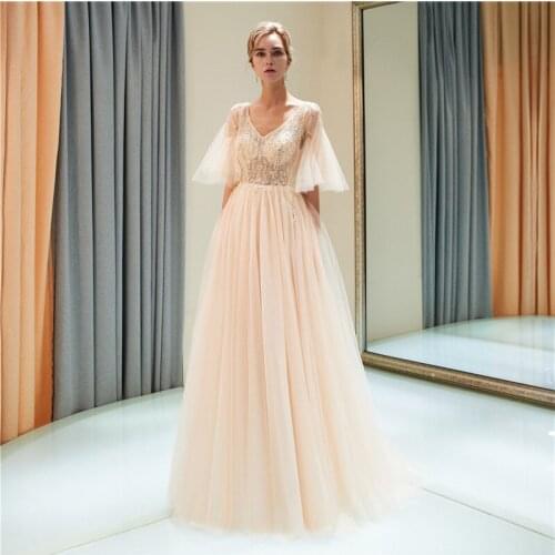 V-Neck Half Sleeves Tulle A-Line Prom Dresses Beading Top Sexy Split Side Long Women Evening Party Gowns 2020 Sexy Long Spring