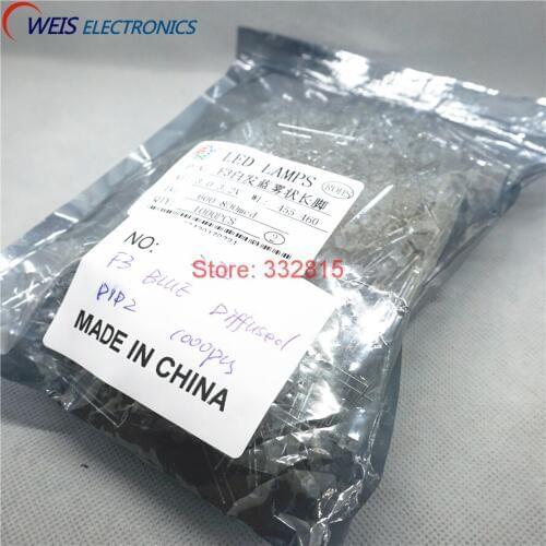 1000PCS F3 BLUE DIFFUSED DIP-2 long pin 3MM LED 3.0-3.2V 455-460NM 600-800MCD Light beads Free shipping