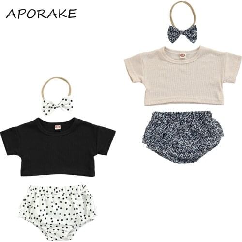 2021 0-3 Cute Baby Girl Clothes Solid Color Short Sleeve Crop Top+Dot Print Shorts+Bow Headband Summer Outfits Set 3pcs