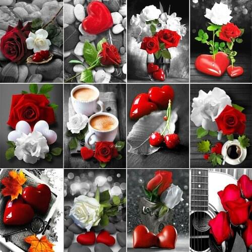 5D DIY Diamond Painting Red Rose Heart Full Drill Diamond Flower Black and White Painting Mosaic Rhinestone Home Decoration Gift