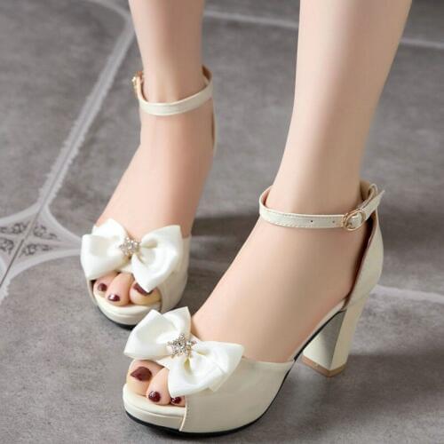 Patent Leather High Heel Sandals Peep Toe Ankle Strap Pumps Bowtie Sexy Women Shoes Rhinestone Summer Sandals Size 32-43