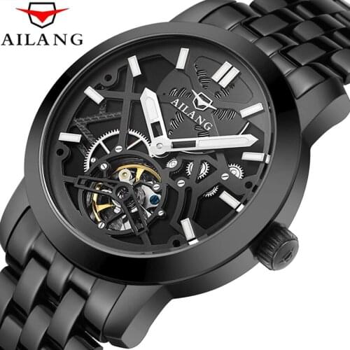 AILANG Automatic Mechanical Atmosphere Mens Watch Black Hollow Mens Silver Watch Luminous Sports Waterproof Luxury Mens Watch