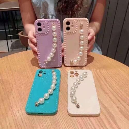 For iPhone 11pro 12mini 7 7plus 8 8plus 11 12 Mini Pro X XR XS Max Simple Pure 3D Heart Pearl Bracelet Soft Phone Case Cover