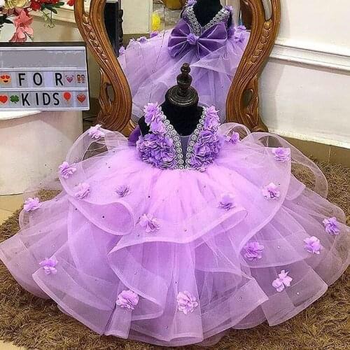 Purple Cute Flower Girls Dresses Kids Tulle Appliques Beading V-Neck Sleeveless Bows Backless Ball Gowns Novia Do 2021 Vestidos
