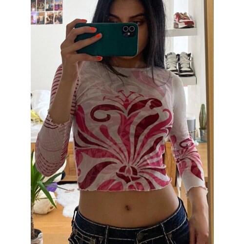 Sexy navel print graffiti color matching slim o-neck long-sleeved T-shirt
