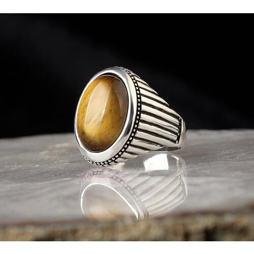 925 Sterling Silver Men Ring TIGER EYES STONE