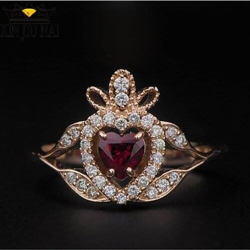 Luxury Female Big Queen Crown Ring Fashion Rose Gold Crystal Zircon Stone Ring Vintage Wedding Jewelry Red Heart Rings For Women