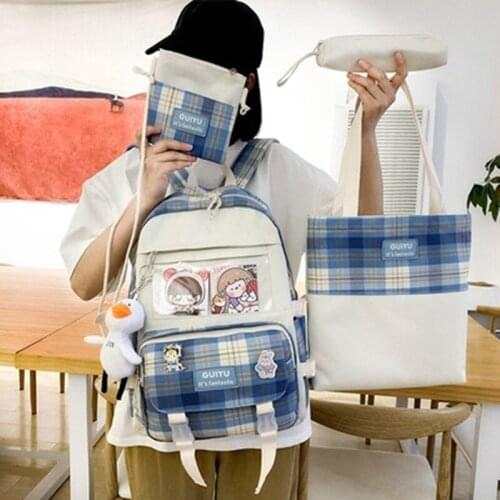 4pcs set Japanese Plaid Backpack New Korean Large capacity Students schoolbag Campus Stripe Style girl Travel bag Waterproof