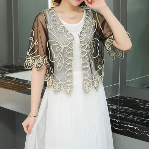 Summer Vintage Casual Fashion Embroidery Plant Pattern Open Stitch Mesh Black Gold One Free Women Short Ponchos And Capes 8425