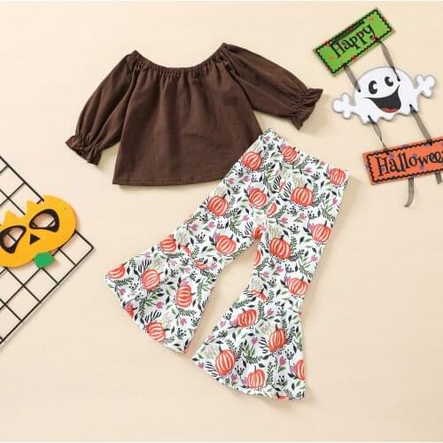 Infant Summer Baby Girl Outwear Solid Long Sleeve Off Shoulder Tops and Pumpkin Trumpet Flare Pants 2pcs Fashion Toddler Set