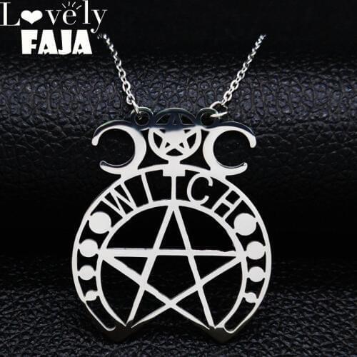 Fashion Witchcraft Pentagram Stainless Steel Necklace Women Silver Color Statement Necklace Jewelry cadenas mujer N426S02