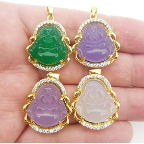 New 22X25MM Buddha Carnelian Chalcedony Agates CHRYSOPRASE Gem Inlaid Rhinestone Pendant Necklace Fashion Jewelry