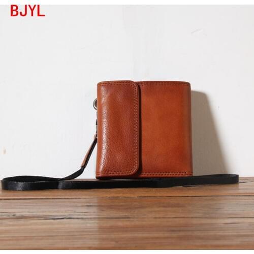 New Vintage Short Wallet Men Leather Motorcycle Lanyard Pants Casual Card Holder Purse Three-fold Leather Wallets Cow Leather