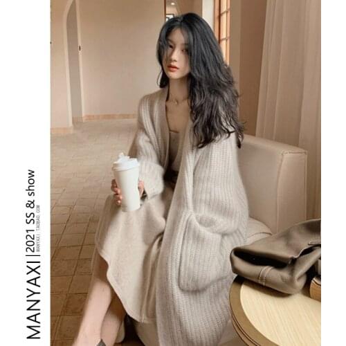 Autumn and winter new style mohair sweater coat lazy wind loose outer wear long-sleeved mid-length knitted cardigan women