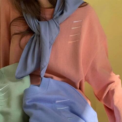 Autumn and winter female macaron gradient color four-hook embroidery wild loose casual round neck sports shirt male