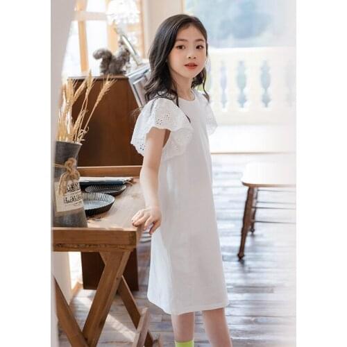 6 To 16 Years, Kids Clothes 2021 New Girls Dress Children Clothes Baby Teenager Shirt Dress Straight Cotton Knit Lace,#6069