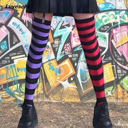 Lolita Sexy Contrast Color Striped Women Stockings Over The Knee Thigh High Slim Punk Long Stocking 2021 Lady Gothic Ulzzang New