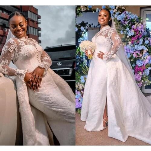 African Nigeria Mermaid Wedding Dresses With Detachable Train High Neck Lace Long Sleeve Wedding Gowns Plus Size Vestidos