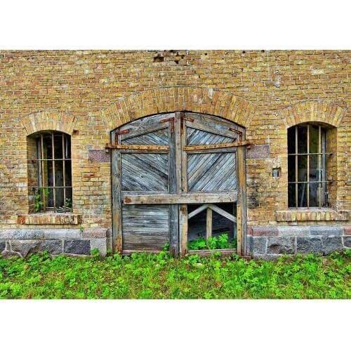 Shabby Brick Wall Wooden Door Grass photographic Backgrounds Photo Studio Backdrops for Baby Photo Shooting Photophone