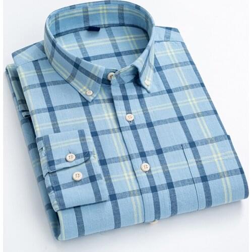 Cotton Linen Men Shirts Long Sleeve Business Casual Plaid Shirt Quatity Breathable Checkered Striped Clothing With Front Pocket