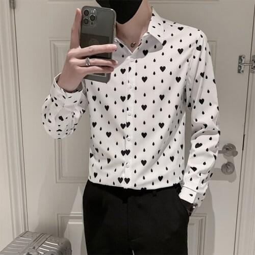 Black/White Camisa Masculina Autumn Long Sleeve Heart Print Shirts For Men Clothing Slim Fit Casual Chemise Homme Prom Tuxedo