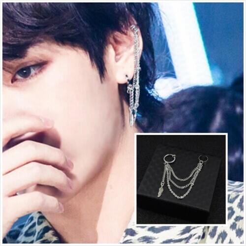 KPOP bangtan boy same Stud Earrings Punk Vintage Leaf Ear Bone Chain Earrings Korean V Hip Hop Jewelry For Men Women Brincos