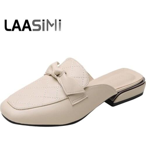 LAASIMI Summer Outside Slippers for Women Wrap Toe Mules Casual Low Heel Butterfly-knot Slide Shoes Woman British Style Slippers