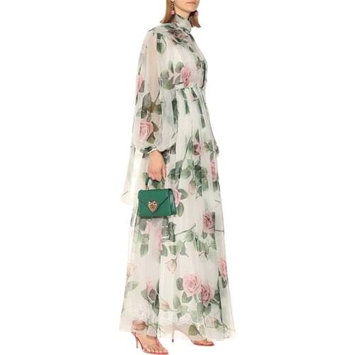 Sicilian Rose Floral Chiffon Dress Women Elegant Flower Print Holiday Autumn Runway Dresses Female Long Sleeve Maxi Dress