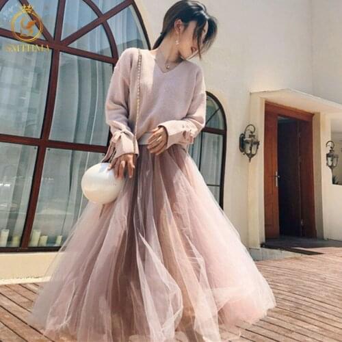SMTHMA High Quality Winter Womens V-Neck Long Sleeve Loose Knitted Sweater + Elastic Waist Gauze Two Pieces Ladies Skirt Suits