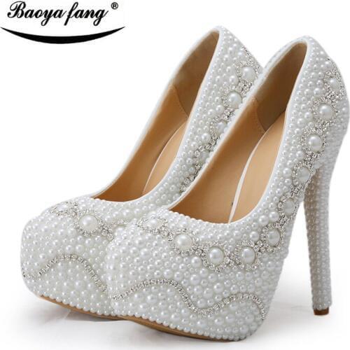 White pearl Heel crystal Women Wedding shoes Bride fashion high heel platform shoes plus size 43 ladies high Pumps