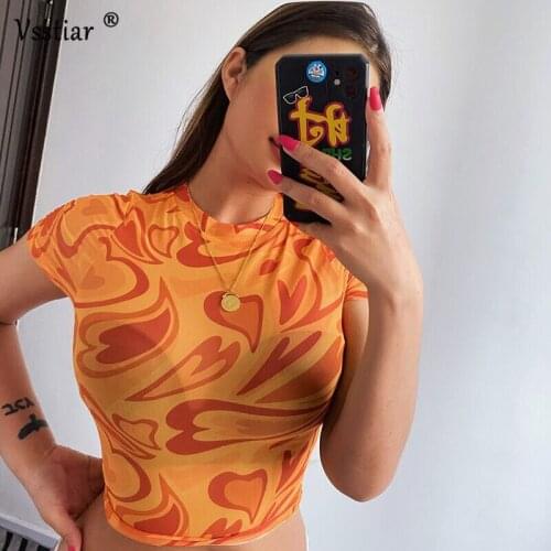 Vsstiar LOVE Print Mesh T-Shirt Women Y2K Short Sleeve Sexy See Through Ladies Tees Fashion Green O Neck Skinny Crop Top Summer
