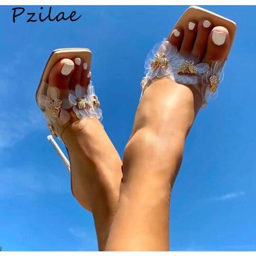 Pzilae Women slippers PVC transparent crystal heel summer shoes woman metal design square toe high heels party prom slides shoes