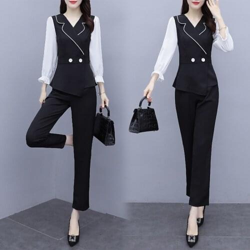Womens Autumn Top+Pants Set Clothes Long Sleeve White Black Patchwork Business Office Ladies Work Wear Slim Casual Suits Outfits