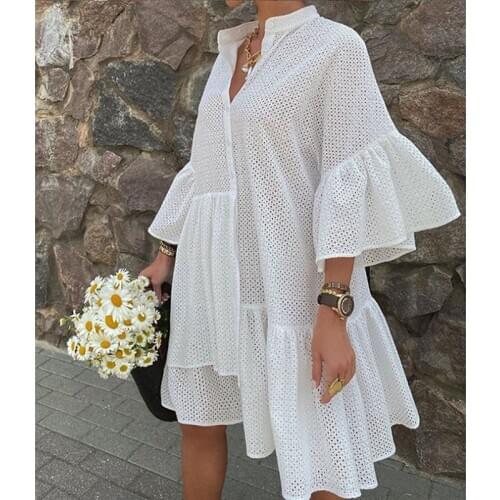 Ordifree 2021 Summer Women Mini Ruffle Dress Asymmetrical Hollow Out White Tunic Beach Dress