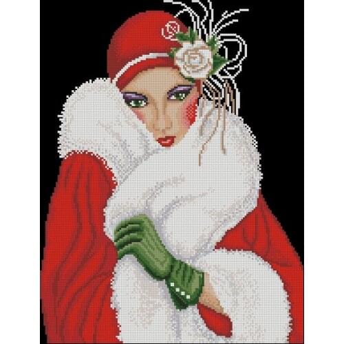 Gold Collection Chic Counted Cross Stitch Kit Retro Christmas Victorian Christmas Lady Girl Woman in Red Coat