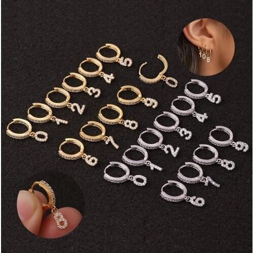 1pc Copper Hoop Earring Zircon Lucky Number Tragus Cartilage Helix Earrings Gold Ear Stud Piercing for Women body Jewelry Gift