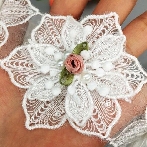 10X White Rose Flower Pearl Embroidered Lace Trim Applique Ribbon Fabric Sewing Craft Handmade Wedding Dress Decoration