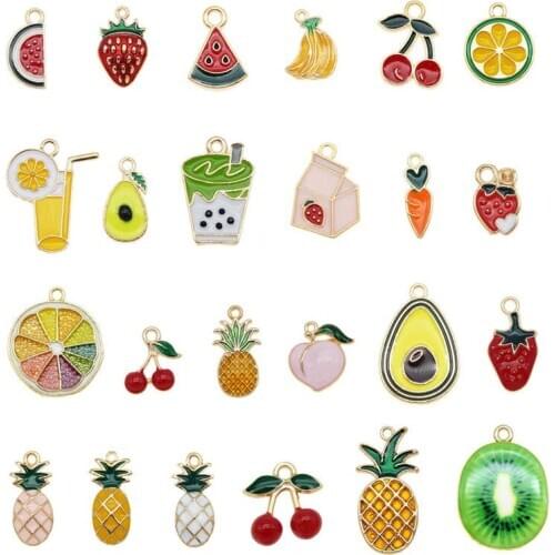 Julie Wang 24PCS Enamel Fruit Charms Mixed Strawberry Cherry Orange Pineapple Avocado Pendants Alloy Jewelry Making Accessory