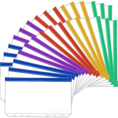 30Pcs A6 Size 6 Holes Binder Pockets Plastic Colorful Binder Zipper Folders for 6-Ring Notebook Binder Loose Leaf Bags