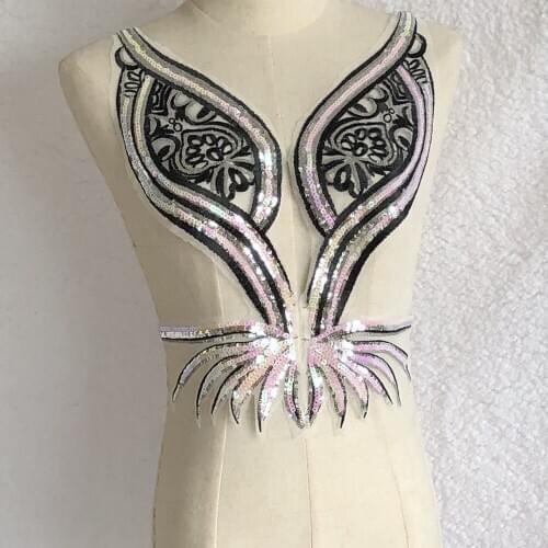 Handmade 3D Dancing Wedding Dress Applique DIY Black Silver Lace Neckline Collar Lace Fabric Patch