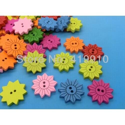 Free shipping -100PCs Randomly Mixed Flower 2 Holes Wood Painting Sewing Buttons Scrapbooking 17mm, J1526