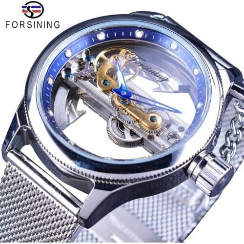 Forsining Blue Ocean Mysterious Apple Mesh Band Double Side Transparent Creative Skeleton Watch Top Brand Luxury Automatic Clock