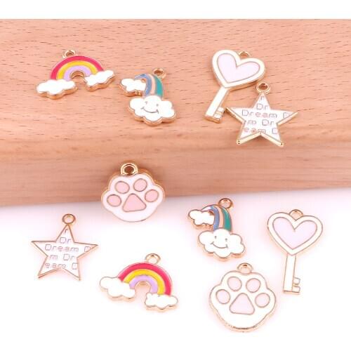 15Pcs/lot Enamel Enamel Rainbow And stars Charms Making Metal Heart Key Cat Footprint Pendant Bracelet Jewelry Accessories