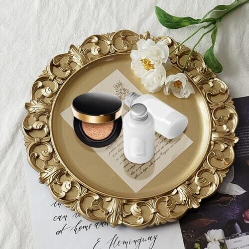 European Retro Round Golden Tray Home Wedding Decorative Cake Dessert Jewelry Display Plates Earrings Shooting Props Storage