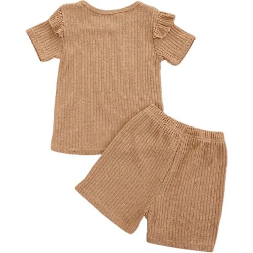 Girl’s Fly Sleeve and Shorts Set Fresh Solid Color Round Neck T-shirt and Elastic Short Pants 2-7T