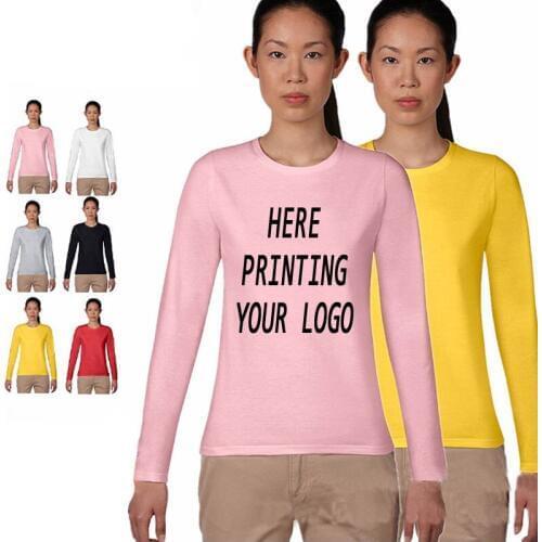 10pcs Heat Vinyl Custom logo T-shirt Girls t-shirts Female Spring Cotton Long Sleeve Top shirt Women Solid Tees Top Tees Printed