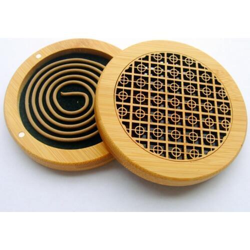 Round Natural Bamboo Incense Burner Carving Hollow With Fireproof Mat for 4H Coil Incense Incenso Censer Home Decor