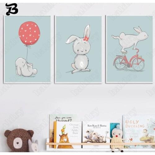 Canvas Painting Wall Art Cute Rabbit Riding Bicycle Balloon Carrot Cartoon Posters Prints Wall Pictures for Kids Baby Room Decor